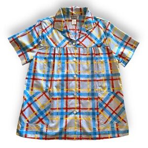 VTG Vibrant Primary Color Plaid Pattern Button-Up Blouse | M